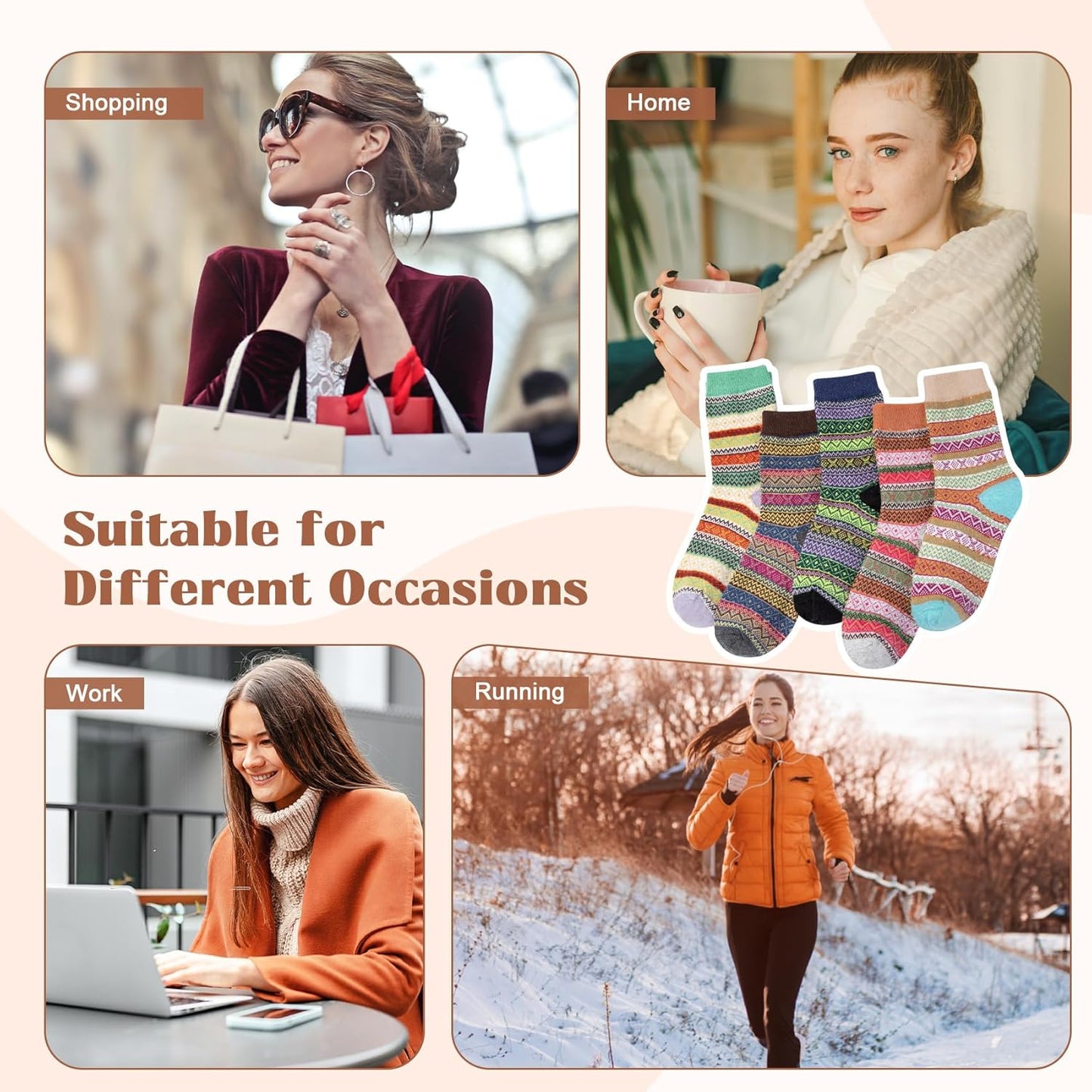 5 Pairs Wool Socks for Women - Winter Thick Boot Cozy Crew Vintage Soft Calf Knit Warm Socks Gifts