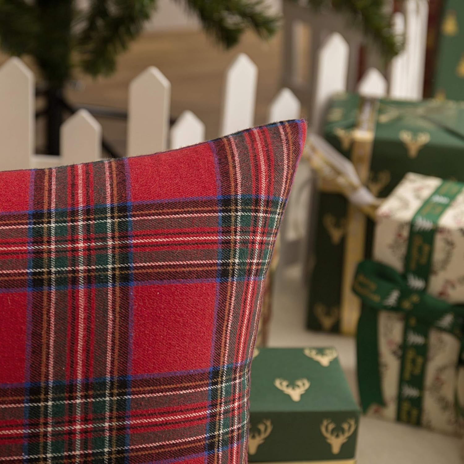 Pack of 2 Christmas Plaid Decorative Throw Pillow Covers Scottish Tartan Cushion Case for Farmhouse Home Holiday Decor Red and Green, 20 X 20 Inches