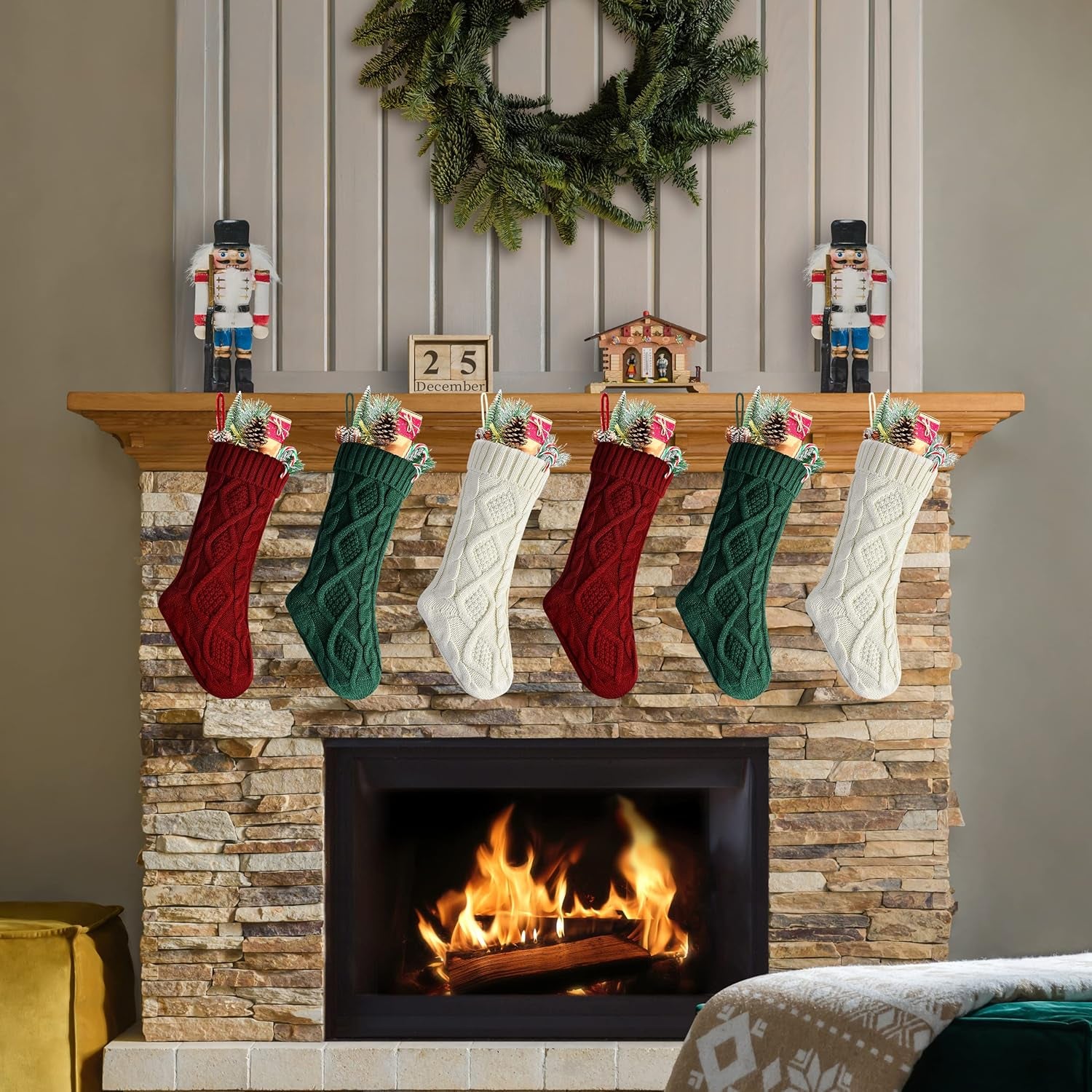 Christmas Stockings 20 Inch Burgundy, Ivory, Green Cable Knit Xmas Stockings for Family Christmas Decoration, 6 Pack