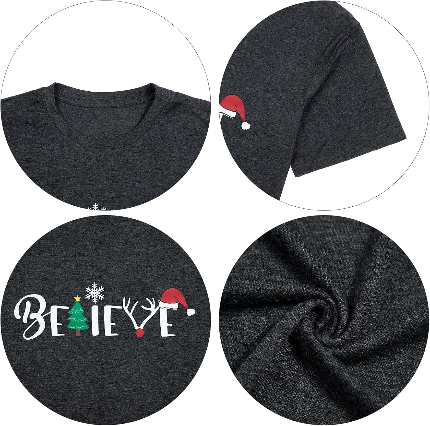 Christmas Shirt for Women Believe Letter Print T Shirts Asual Retro Holiday Short Sleeve Pullover Tops Xmas Gift