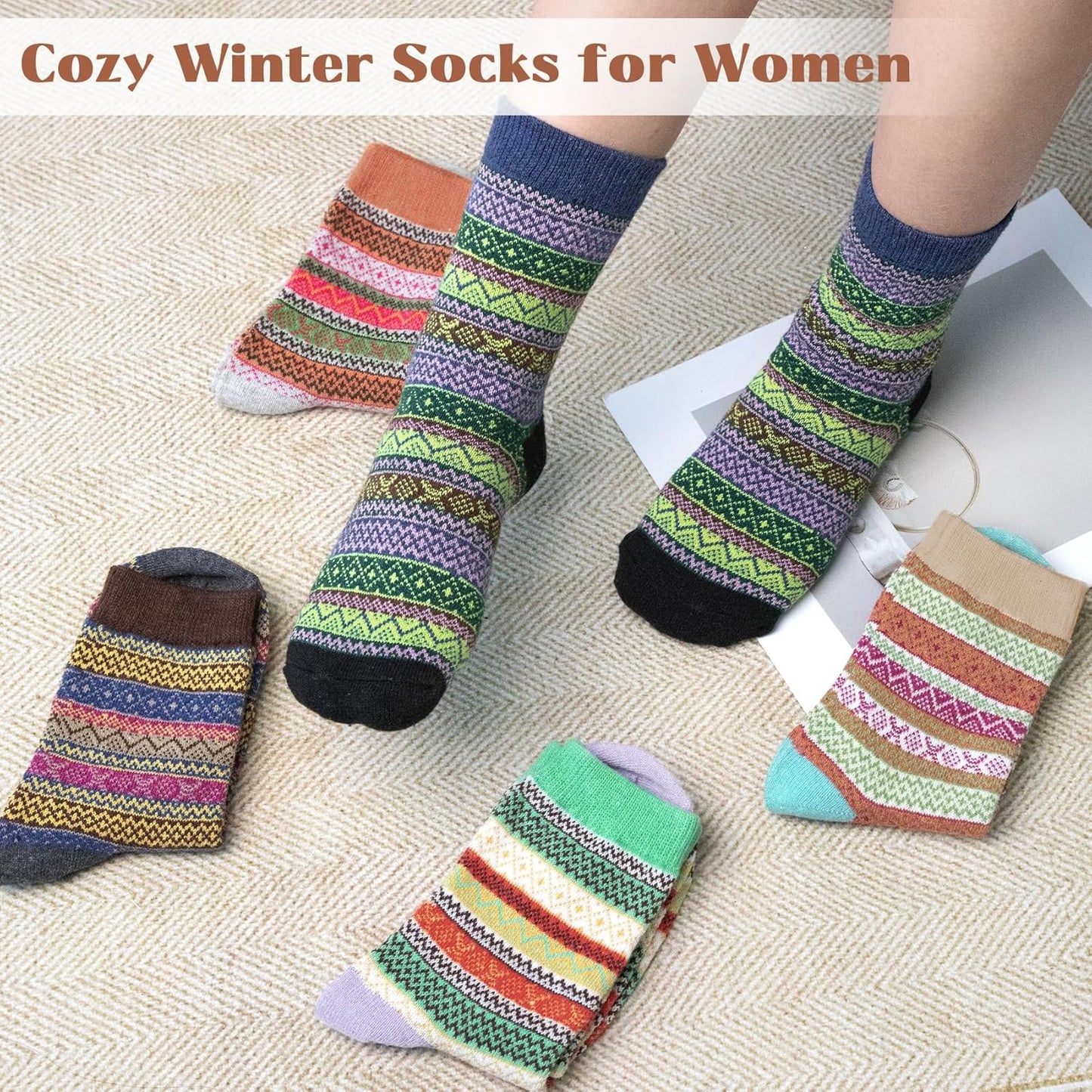 5 Pairs Wool Socks for Women - Winter Thick Boot Cozy Crew Vintage Soft Calf Knit Warm Socks Gifts