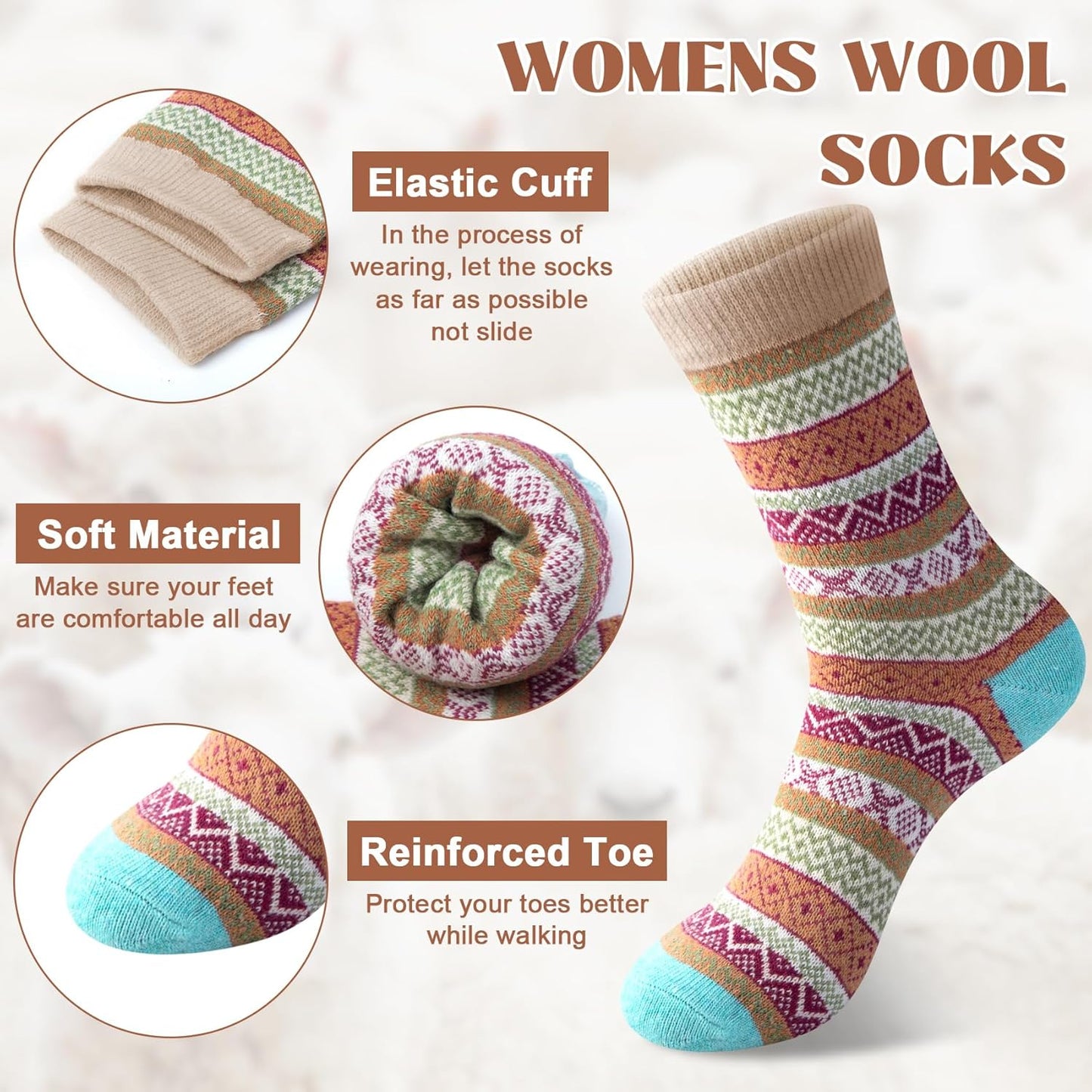 5 Pairs Wool Socks for Women - Winter Thick Boot Cozy Crew Vintage Soft Calf Knit Warm Socks Gifts