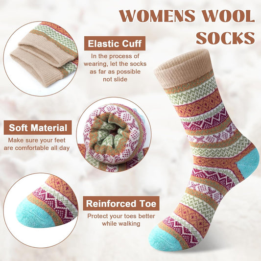 5 Pairs Wool Socks for Women - Winter Thick Boot Cozy Crew Vintage Soft Calf Knit Warm Socks Gifts
