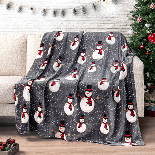 Christmas Snowman Throw Blanket | Grey Christmas Fleece Blanket | Soft, Plush, Warm Winter Cabin Throw, 50X60 (Grey Snowman)