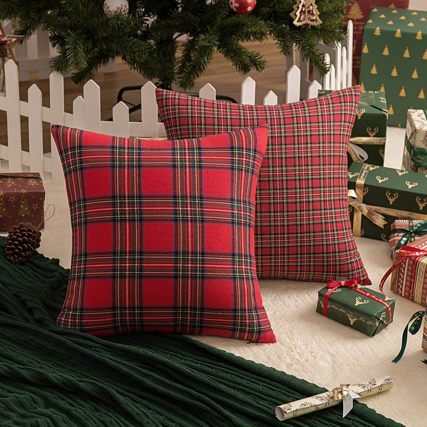 Pack of 2 Christmas Plaid Decorative Throw Pillow Covers Scottish Tartan Cushion Case for Farmhouse Home Holiday Decor Red and Green, 20 X 20 Inches