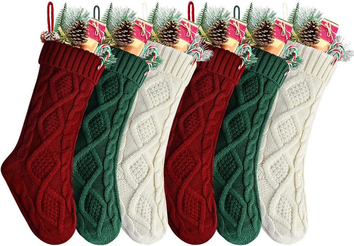 Christmas Stockings 20 Inch Burgundy, Ivory, Green Cable Knit Xmas Stockings for Family Christmas Decoration, 6 Pack