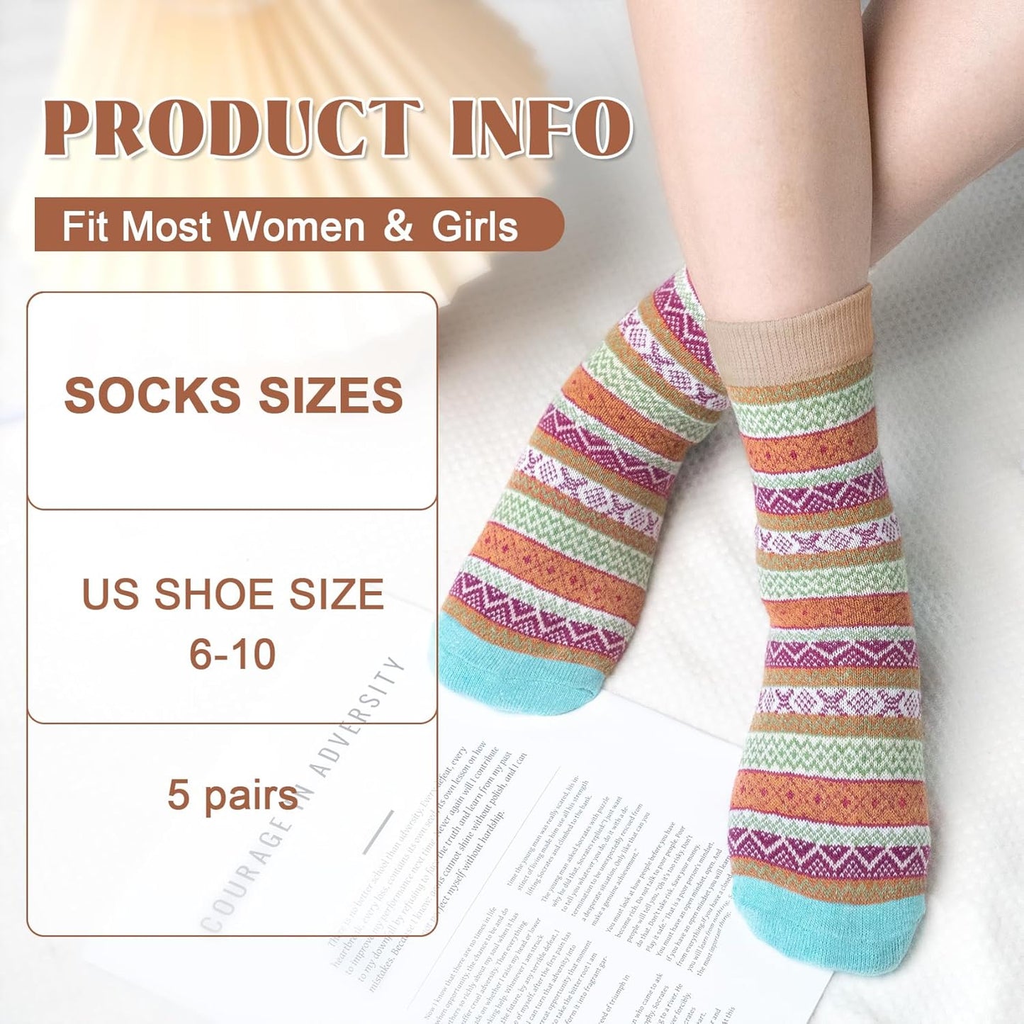 5 Pairs Wool Socks for Women - Winter Thick Boot Cozy Crew Vintage Soft Calf Knit Warm Socks Gifts
