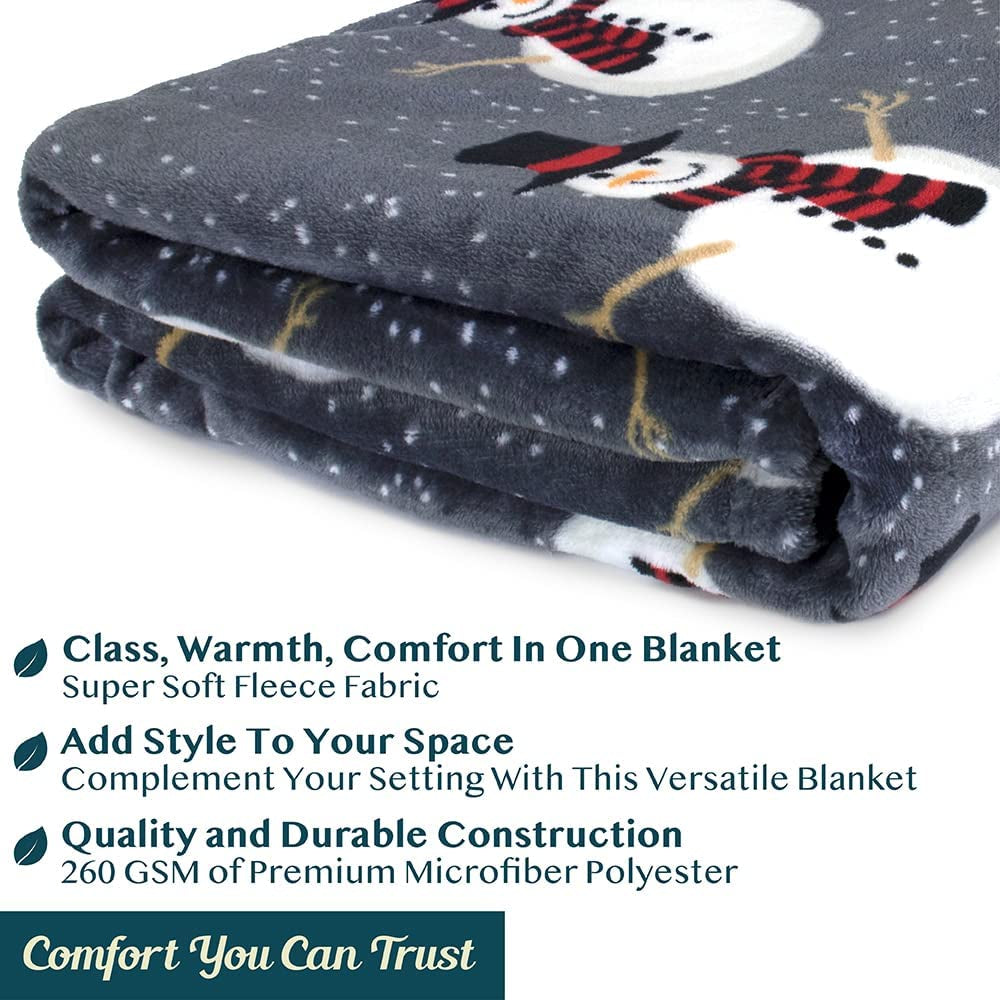 Christmas Snowman Throw Blanket | Grey Christmas Fleece Blanket | Soft, Plush, Warm Winter Cabin Throw, 50X60 (Grey Snowman)