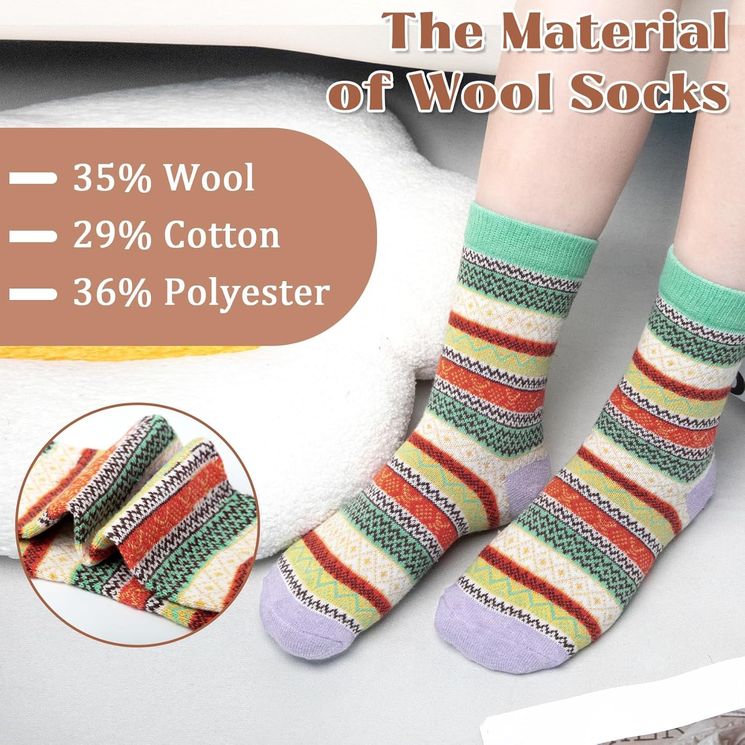 5 Pairs Wool Socks for Women - Winter Thick Boot Cozy Crew Vintage Soft Calf Knit Warm Socks Gifts